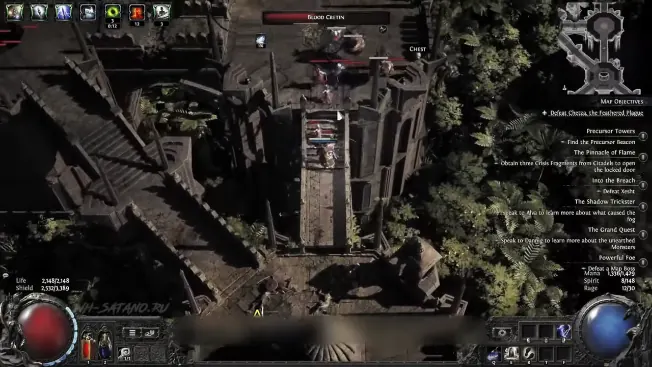 Map layout overlay on a Path of Exile hideout with map modifiers