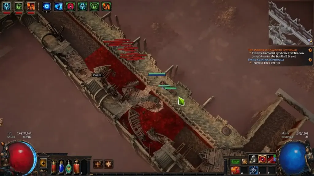 Chest ESP marker and red enemy bars on a Path of Exile bridge