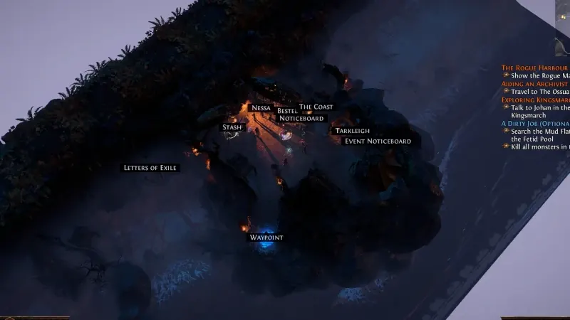Lioneye’s Watch town labels and waypoint in Path of Exile Act 1